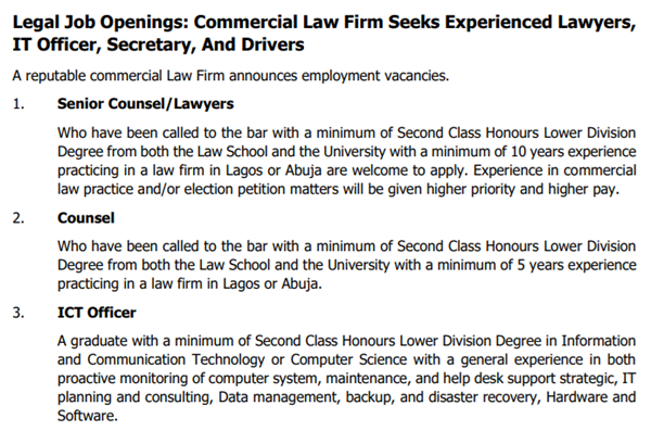 Commercial Law Firm Seeks Experienced Lawyers, IT Officer, Secretary, And Drivers